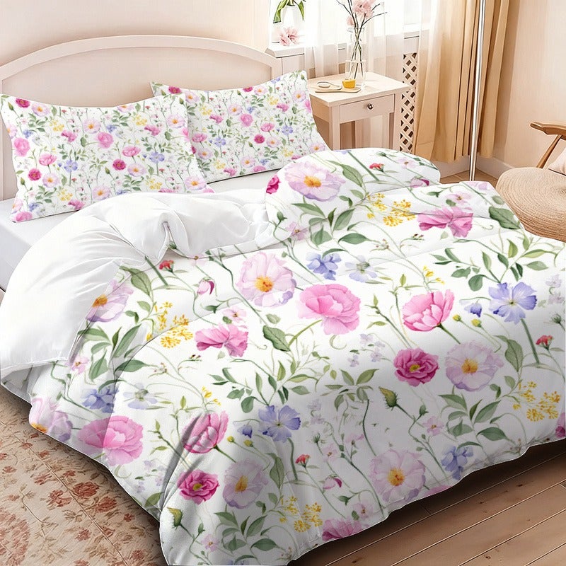 2/3pcs Bedding Duvet Cover Set, Spring Floral Print Design for Spring and Summer, Country Fresh Theme, Includes 1 Duvet Cover and 1/2 Pillowcases (Pillow Inserts Not Included), White Background, Polyester Material, Zipper Closure, Machine Washable - Image 2