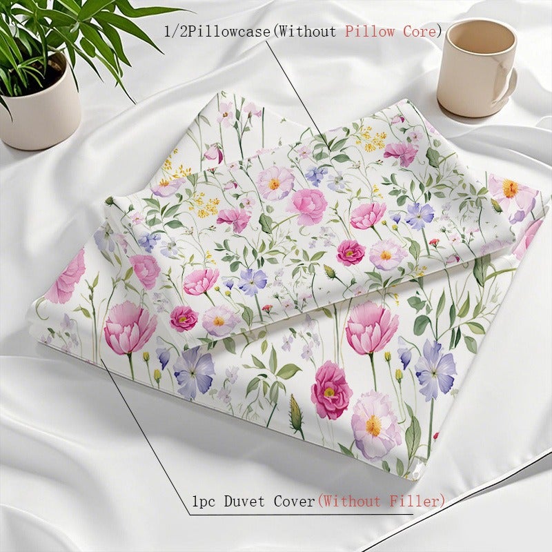 2/3pcs Bedding Duvet Cover Set, Spring Floral Print Design for Spring and Summer, Country Fresh Theme, Includes 1 Duvet Cover and 1/2 Pillowcases (Pillow Inserts Not Included), White Background, Polyester Material, Zipper Closure, Machine Washable - Image 3