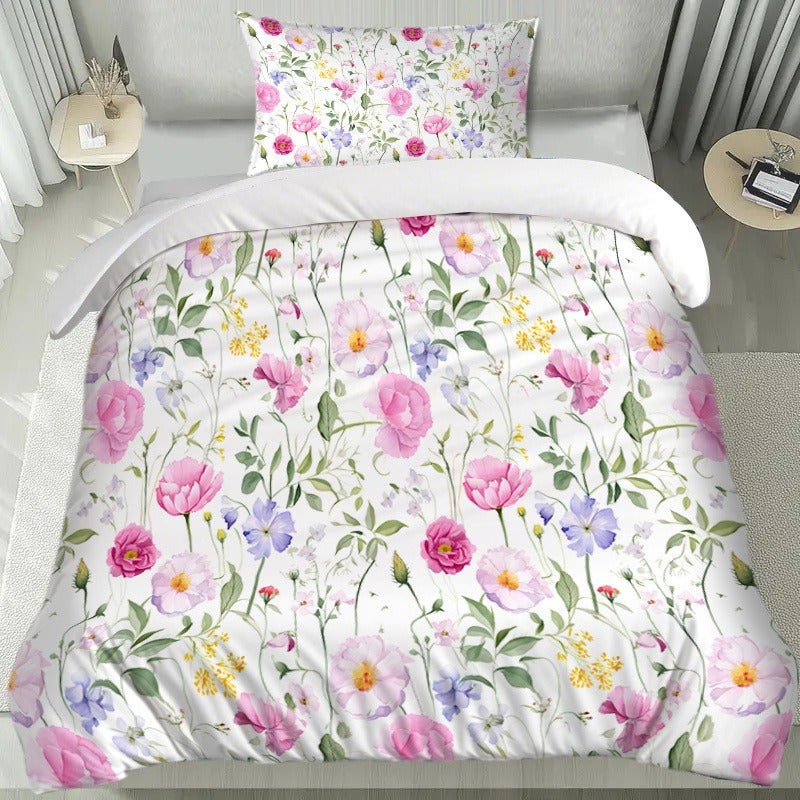 2/3pcs Bedding Duvet Cover Set, Spring Floral Print Design for Spring and Summer, Country Fresh Theme, Includes 1 Duvet Cover and 1/2 Pillowcases (Pillow Inserts Not Included), White Background, Polyester Material, Zipper Closure, Machine Washable - Image 1