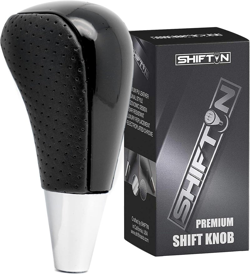 SHIFTIN Leather Wood Gear Shift Knob for Toyota Avalon Yaris 4Runner Land Cruiser Sienna Camry Solara Tacoma and Lexus ES300 ES330 GS300 GS400 GS430 SC300 SC400 (Punched Black Leather/Piano Black) - Image 1