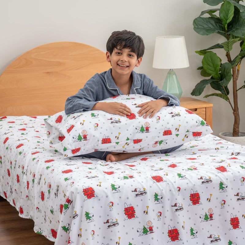 Berkshire Blanket Berkshire Blanket Peanuts Kids Sheet Set Twin Size - 3 Pieces Cute Character Snoopy Printed Soft Microfiber Bed Sheets Holiday Helpers Sheet White  - Image 3