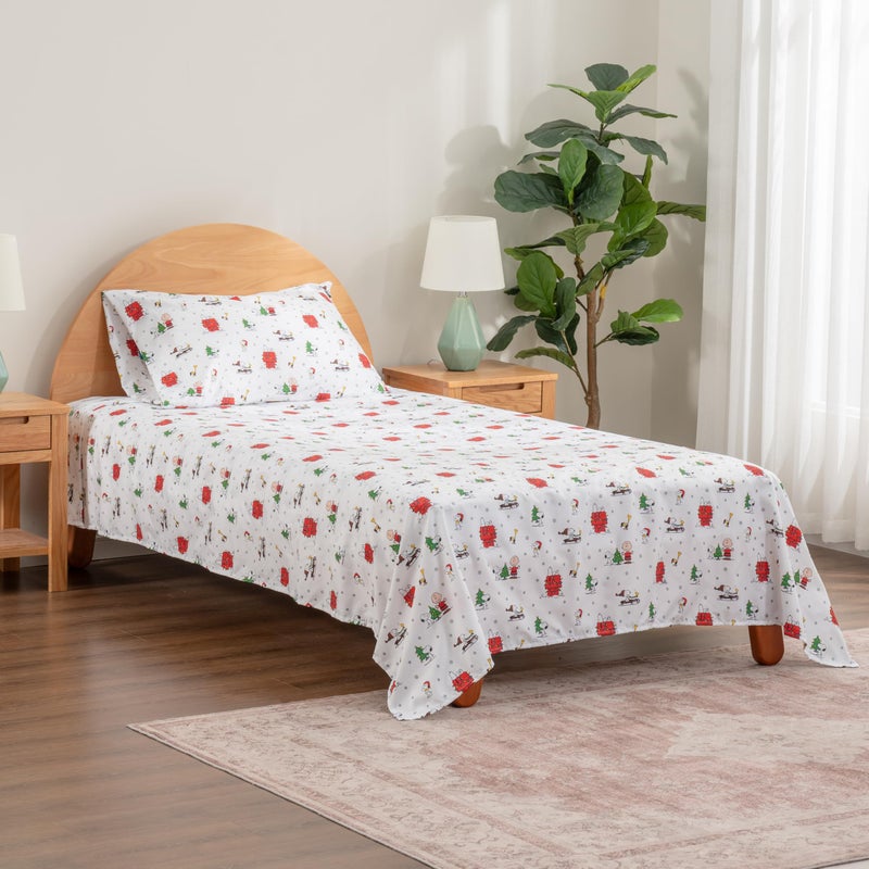 Berkshire Blanket Berkshire Blanket Peanuts Kids Sheet Set Twin Size - 3 Pieces Cute Character Snoopy Printed Soft Microfiber Bed Sheets Holiday Helpers Sheet White  - Image 5