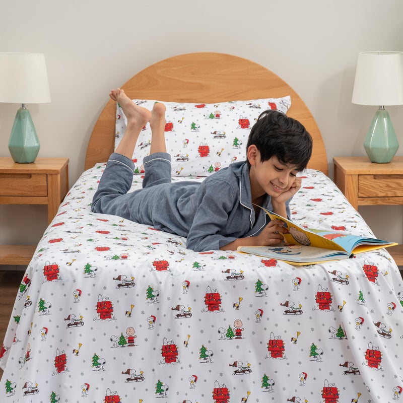 Berkshire Blanket Berkshire Blanket Peanuts Kids Sheet Set Twin Size - 3 Pieces Cute Character Snoopy Printed Soft Microfiber Bed Sheets Holiday Helpers Sheet White  - Image 4