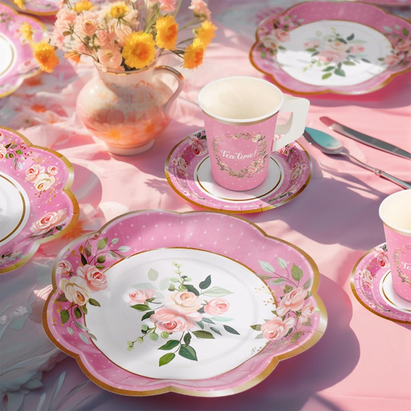 TWOWYHI 136Pcs Floral Tea Party Supplies for 25 Floral Tea Cups with Handle 9â€ 7â€ Floral Paper Plates Disposable Flower Cups and Saucers Sets for Garden Birthday Bridal Wedding,Pink - Image 3