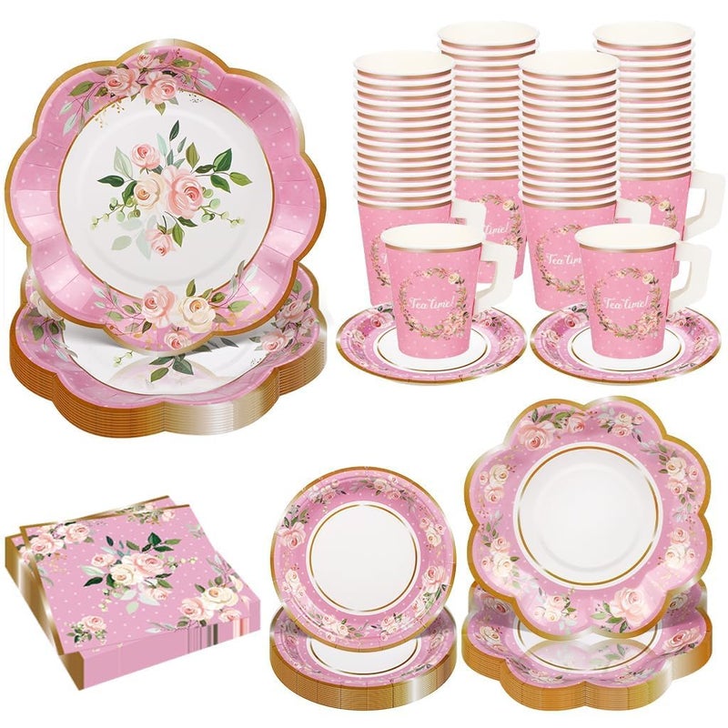 TWOWYHI 136Pcs Floral Tea Party Supplies for 25 Floral Tea Cups with Handle 9â€ 7â€ Floral Paper Plates Disposable Flower Cups and Saucers Sets for Garden Birthday Bridal Wedding,Pink - Image 1