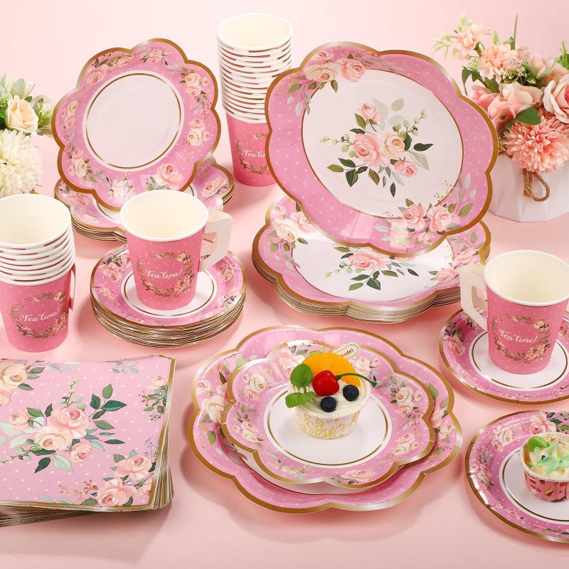 TWOWYHI 136Pcs Floral Tea Party Supplies for 25 Floral Tea Cups with Handle 9â€ 7â€ Floral Paper Plates Disposable Flower Cups and Saucers Sets for Garden Birthday Bridal Wedding,Pink - Image 4