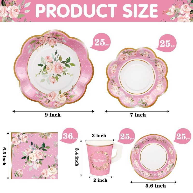 TWOWYHI 136Pcs Floral Tea Party Supplies for 25 Floral Tea Cups with Handle 9â€ 7â€ Floral Paper Plates Disposable Flower Cups and Saucers Sets for Garden Birthday Bridal Wedding,Pink - Image 2