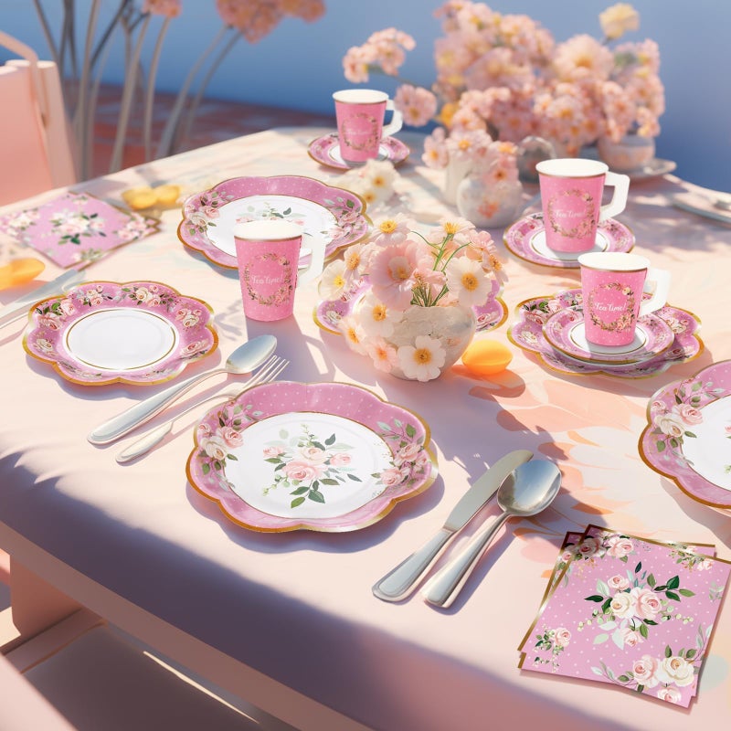 TWOWYHI 136Pcs Floral Tea Party Supplies for 25 Floral Tea Cups with Handle 9â€ 7â€ Floral Paper Plates Disposable Flower Cups and Saucers Sets for Garden Birthday Bridal Wedding,Pink - Image 5
