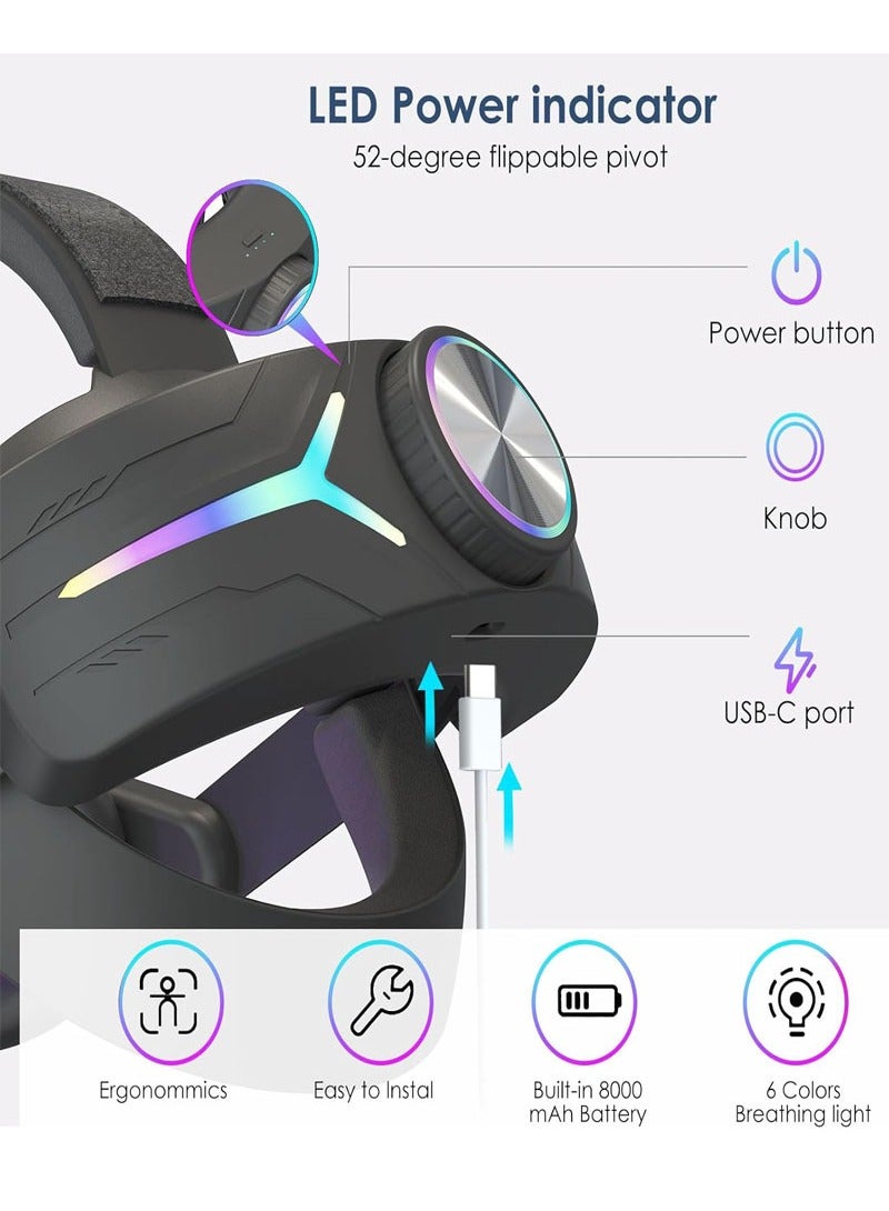 Head Strap with 12000mAh Battery for Oculus/Meta Quest 3, Adjustable Headband Bracket with RGB Light, Soft Cushion VR Elite Strap for Balance Weight-Black  - Image 4