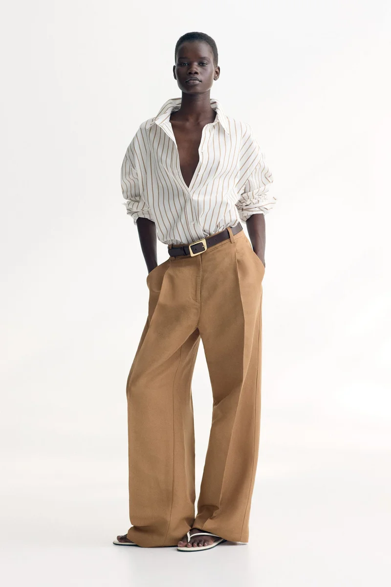 اتش اند ام بنطلون بقصّة عريضة من مزيج الكتان