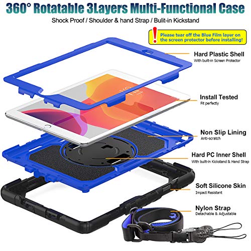 SEYMAC stock Case for iPad 9th/ 8th/ 7th Generation 10.2'', Shockproof with Screen Protector, Pencil Holder [360° Rotating Hand Strap] & Stand, for iPad 10.2 inch 2021-2019 (Blue+Black) - Image 5