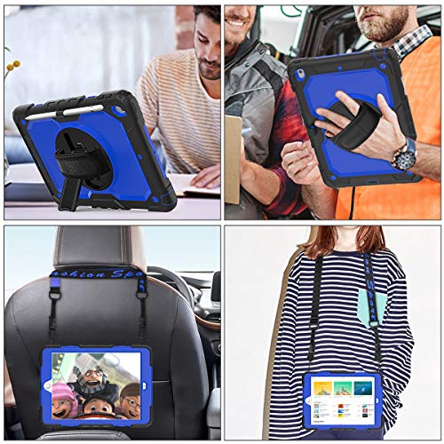 SEYMAC stock Case for iPad 9th/ 8th/ 7th Generation 10.2'', Shockproof with Screen Protector, Pencil Holder [360° Rotating Hand Strap] & Stand, for iPad 10.2 inch 2021-2019 (Blue+Black) - Image 4