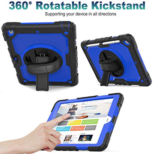 SEYMAC stock Case for iPad 9th/ 8th/ 7th Generation 10.2'', Shockproof with Screen Protector, Pencil Holder [360° Rotating Hand Strap] & Stand, for iPad 10.2 inch 2021-2019 (Blue+Black) - Image 3