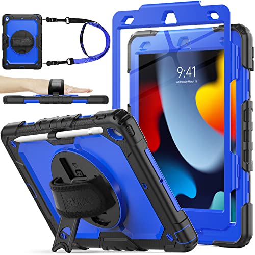 SEYMAC stock Case for iPad 9th/ 8th/ 7th Generation 10.2'', Shockproof with Screen Protector, Pencil Holder [360° Rotating Hand Strap] & Stand, for iPad 10.2 inch 2021-2019 (Blue+Black) - Image 1