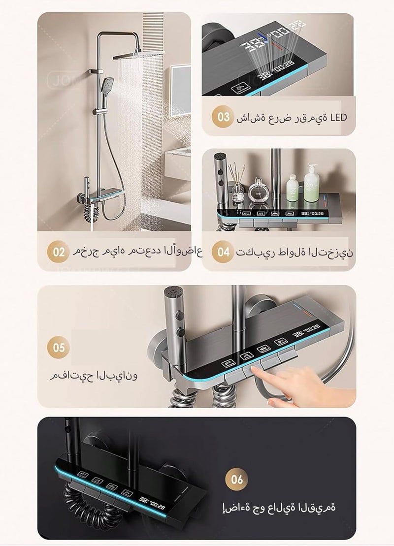 مجموعة حنفية دش رمادي مسدس مع حنفية رقمية LED، رأس دش مطري، بخاخ يدوي، صنبور حوض شلالي، وبخاخ بيديه - مجموعة دش كاملة | يشمل إضافي قضيب تمديد بطول 30 سم - Image 4