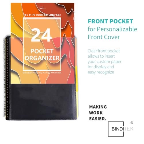 Binditek 1 Pack 24 Pocket Poly Project Organizer with 12 Dividers, Heavyduty Folder with Customizable Front Cover, Metal Wire Binding Spine, Extra Zipper Pouch, Letter Size, Office Supplies - Image 3