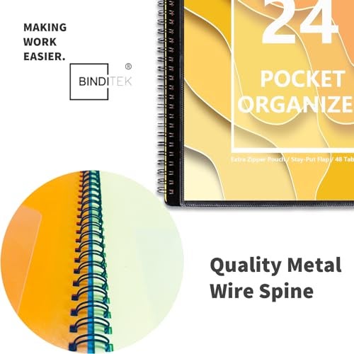 Binditek 1 Pack 24 Pocket Poly Project Organizer with 12 Dividers, Heavyduty Folder with Customizable Front Cover, Metal Wire Binding Spine, Extra Zipper Pouch, Letter Size, Office Supplies - Image 4