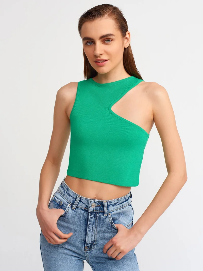 Dilvin 10173 Crew Collar Front Low-cut Collar Sweater-Green