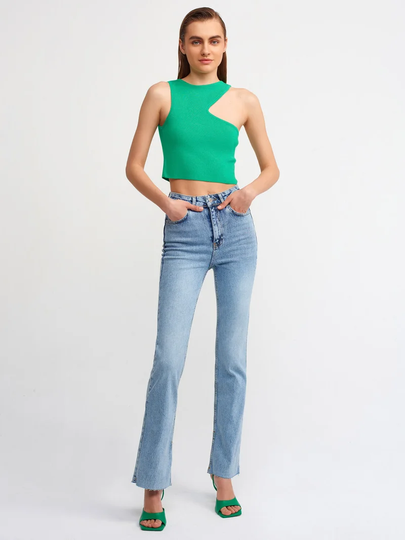 Dilvin 10173 Crew Collar Front Low-cut Collar Sweater-Green