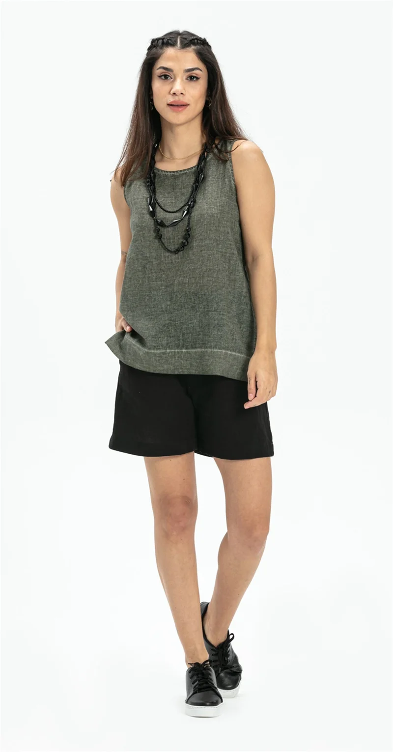 Eliş Şile Bezi Sleeveless Poplin Zeyno Blouse Khaki Hk