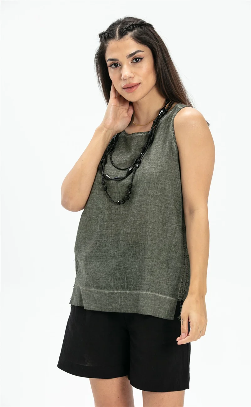 Eliş Şile Bezi Sleeveless Poplin Zeyno Blouse Khaki Hk