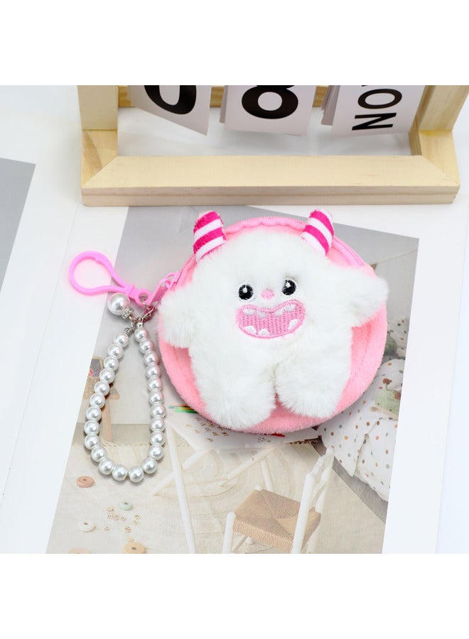 Japanese Cartoon Plush Coin Purse Cute Zipper Mini Storage Bag Keychain Hanging Children's Gift Small Wallet-Color:Pink Little Monster-Size:10cm Round Bag - Image 1