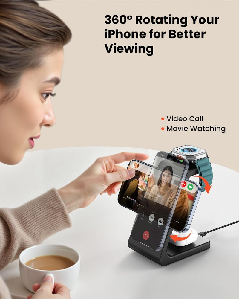 محطة الشحن اللاسلكي GEEKERA 3 في 1 لشاحن Mag-Safe، حامل شاحن لاسلكي مغناطيسي سريع 15 واط، لسلسلة iPhone 17/16/15/14/13/12، Apple Watch، Apple Earbuds 2/3/4/Pro/Pro 2 - Image 4