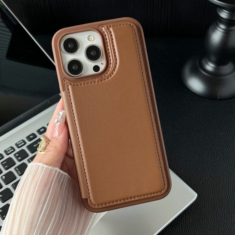 iPhone 13 Protective PU with Kickstand and Card Holder and Strong Magnetic in Coffee Brown for Indoor Use - Image 1