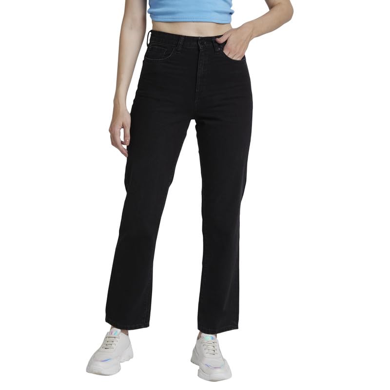 Spykar Women Raw Black Cotton Straight Fit Regular Length Slash Knee Jeans -(Bella) - Image 1