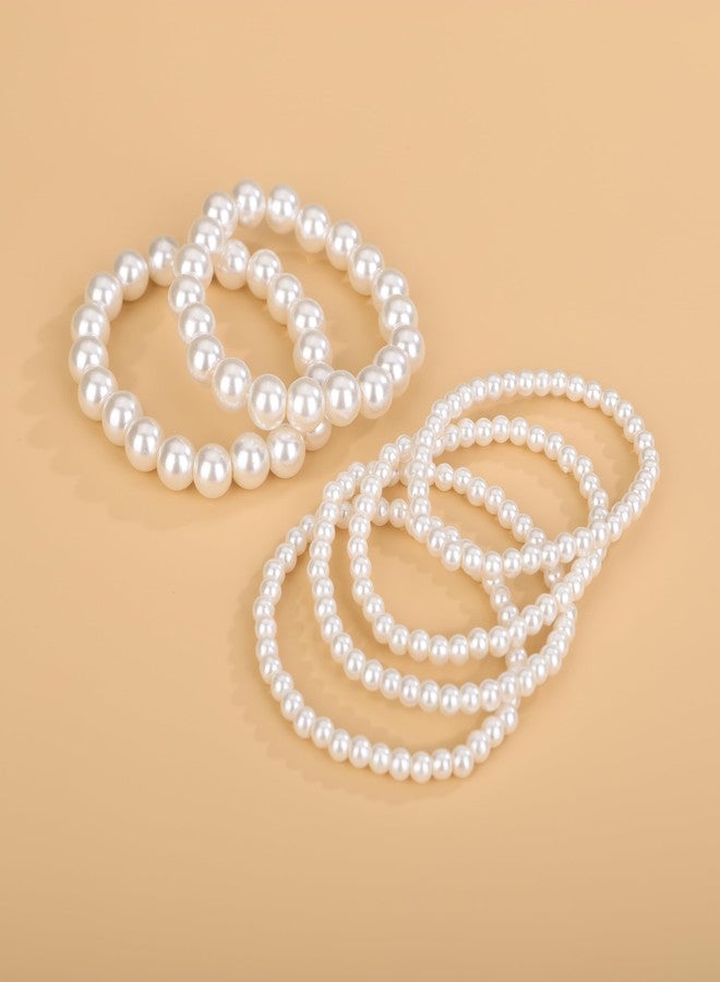 BERYUAN Pearls Bracelet Pearls Beaded Stretch Strand Bracelets Elegant Pearls Bracelet for Wedding Women Baroque White Pearls Bracelets Acceossries for Brides Bridesmide(6pcs) - Image 5