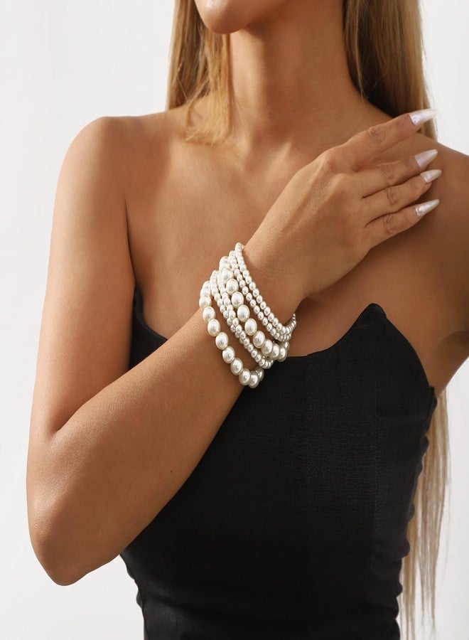 BERYUAN Pearls Bracelet Pearls Beaded Stretch Strand Bracelets Elegant Pearls Bracelet for Wedding Women Baroque White Pearls Bracelets Acceossries for Brides Bridesmide(6pcs) - Image 3