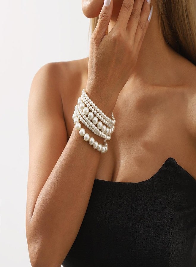 BERYUAN Pearls Bracelet Pearls Beaded Stretch Strand Bracelets Elegant Pearls Bracelet for Wedding Women Baroque White Pearls Bracelets Acceossries for Brides Bridesmide(6pcs) - Image 2