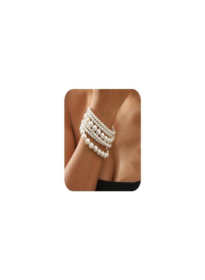 BERYUAN Pearls Bracelet Pearls Beaded Stretch Strand Bracelets Elegant Pearls Bracelet for Wedding Women Baroque White Pearls Bracelets Acceossries for Brides Bridesmide(6pcs) - Image 1