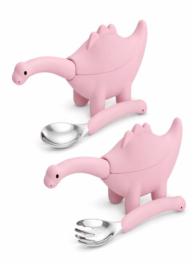 ONE AND ONLY ملعقة ديناصور فريدة من نوعها مصنوعة من الفولاذ المقاوم للصدأ، مزودة بمقبض سيليكون ناعم وشكل لعبة ديناصور | ملعقة آمنة وخالية من مادة BPA للأطفال الصغار والأطفال من عمر 1-6 سنوات، عبوة من قطعتين (لون وردي) - Image 1