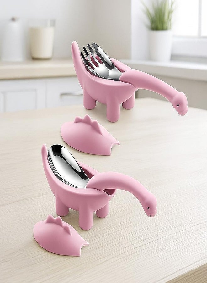 ONE AND ONLY ملعقة ديناصور فريدة من نوعها مصنوعة من الفولاذ المقاوم للصدأ، مزودة بمقبض سيليكون ناعم وشكل لعبة ديناصور | ملعقة آمنة وخالية من مادة BPA للأطفال الصغار والأطفال من عمر 1-6 سنوات، عبوة من قطعتين (لون وردي) - Image 3