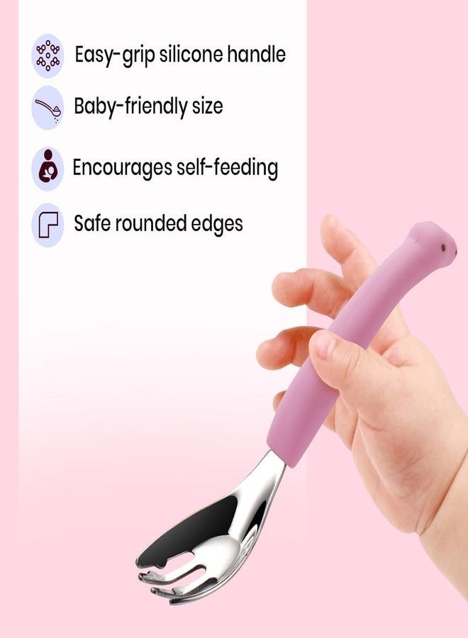 ONE AND ONLY ملعقة ديناصور فريدة من نوعها مصنوعة من الفولاذ المقاوم للصدأ، مزودة بمقبض سيليكون ناعم وشكل لعبة ديناصور | ملعقة آمنة وخالية من مادة BPA للأطفال الصغار والأطفال من عمر 1-6 سنوات، عبوة من قطعتين (لون وردي) - Image 5
