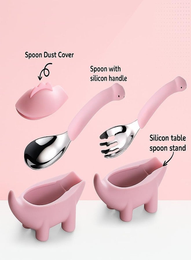 ONE AND ONLY ملعقة ديناصور فريدة من نوعها مصنوعة من الفولاذ المقاوم للصدأ، مزودة بمقبض سيليكون ناعم وشكل لعبة ديناصور | ملعقة آمنة وخالية من مادة BPA للأطفال الصغار والأطفال من عمر 1-6 سنوات، عبوة من قطعتين (لون وردي) - Image 2