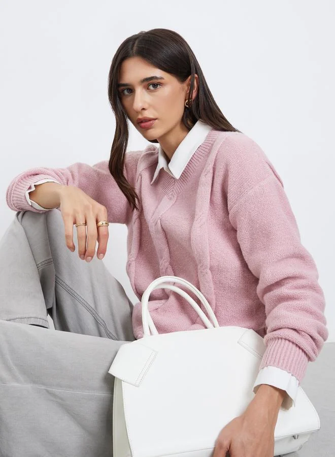 Styli Pink Cable Knit Relaxed Fit Sweater