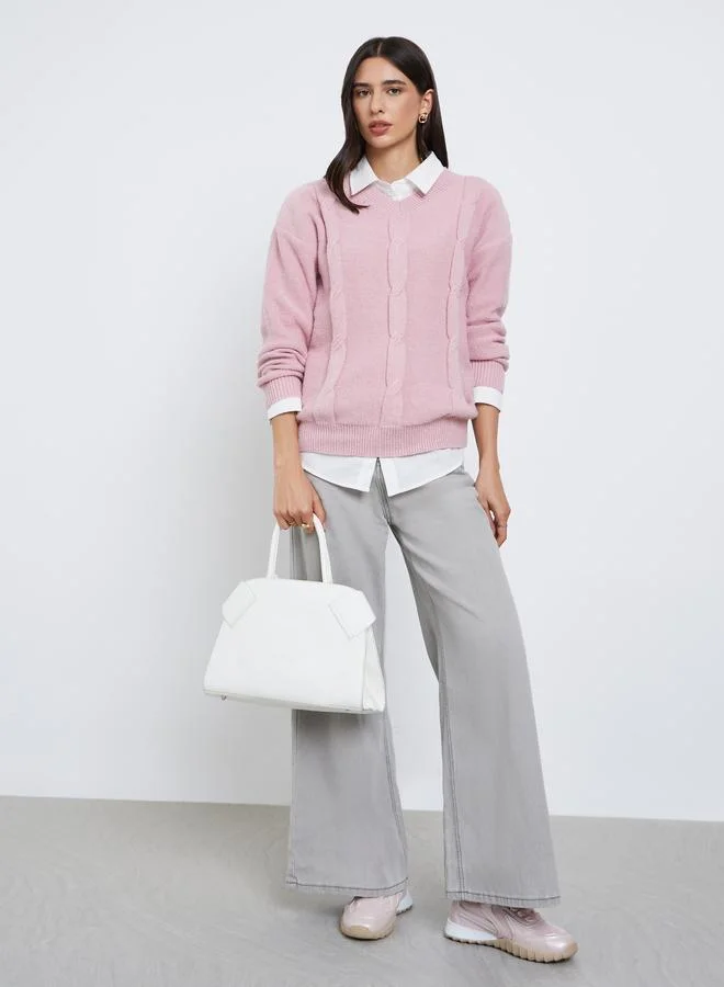 Styli  Styli Pink Cable Knit Relaxed Fit Sweater for Women | Best Price UAE