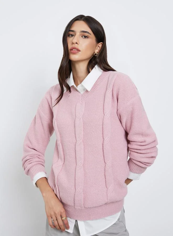 Styli  Styli Pink Cable Knit Relaxed Fit Sweater for Women | Best Price UAE