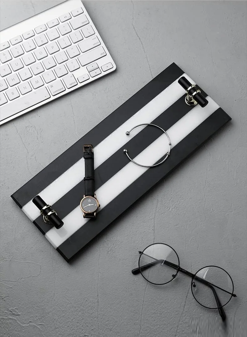 1Chase Black and White Stripe Natural Marble Tray with Black and Gold Handle