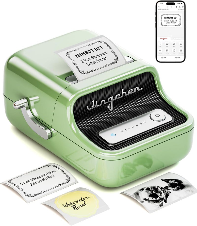Label Maker Machine with 1 Roll Tape B21 Vintage 2 inches Width Business Thermal Label Printer Price Gun Shipping Label Tag Writer for Home Office Organization Commercial Use (Green) - Image 1