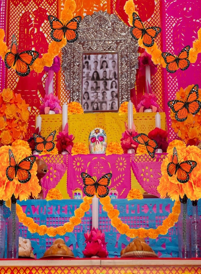 هانايف مجموعة زينة هانايف ليوم الموتى، 38 قطعة، تتضمن إكليلين صناعيين من زهور القطيفة بطول 4.9 قدم، و30 زهرة قطيفة صناعية، و6 زينة على شكل فراشات مونارك لعيد ديوالي (البرتقالي). - Image 5