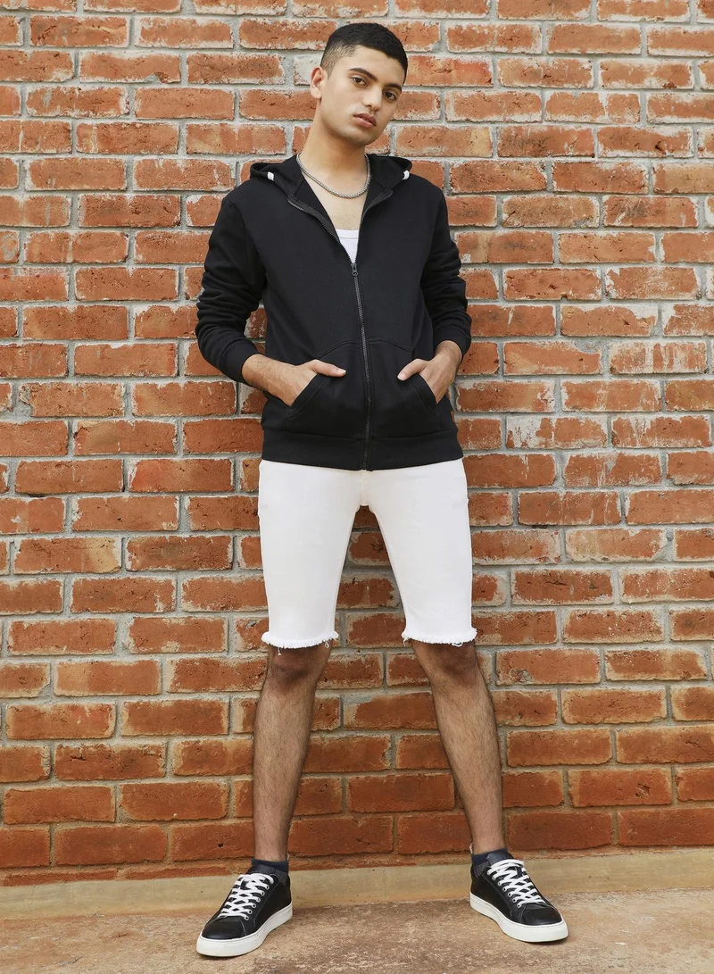 Campus Sutra Men's Black Zip-Front Hoodie With Contrast Drawstring