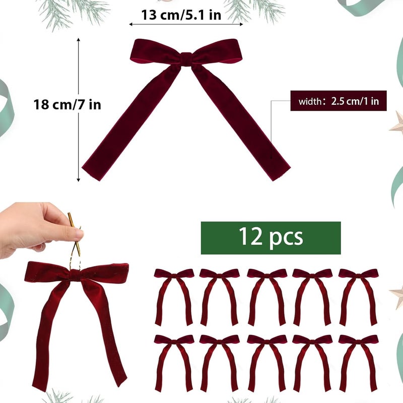 12 2.5cm wine red velvet ribbon bow Christmas tree decoration pendant (including cable ties) - Image 2