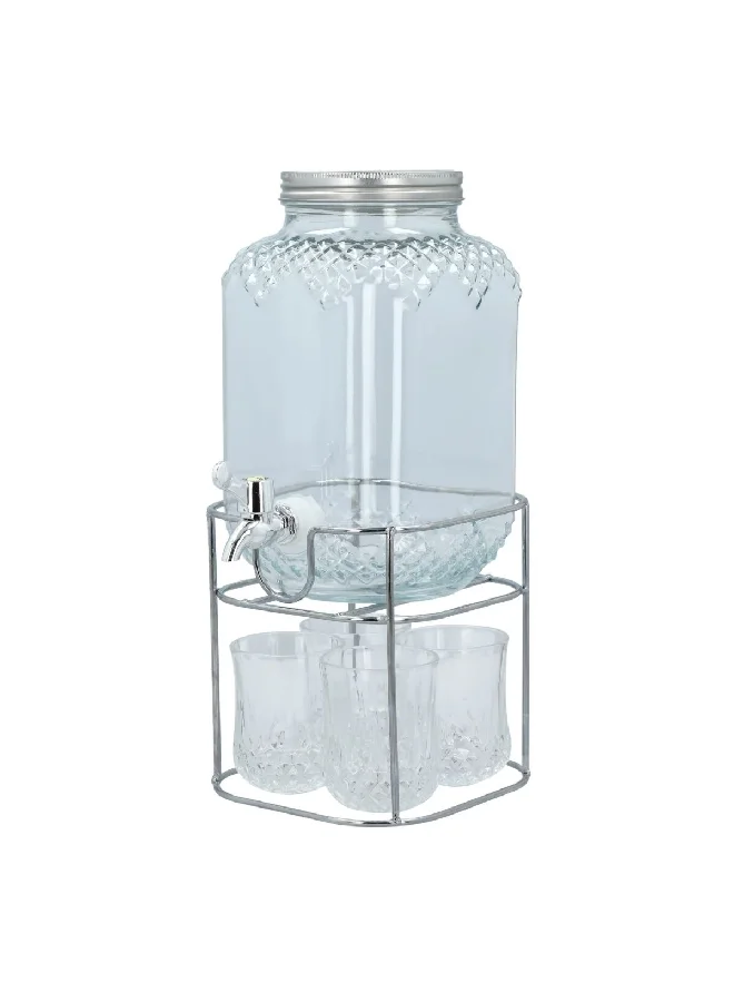 Bien Servi 6-Piece Durable and Elegant Design Beverage Dispenser Set with Iron Stand Clear and Silver 38.8 x 17.8 x 17.8 cm 8041