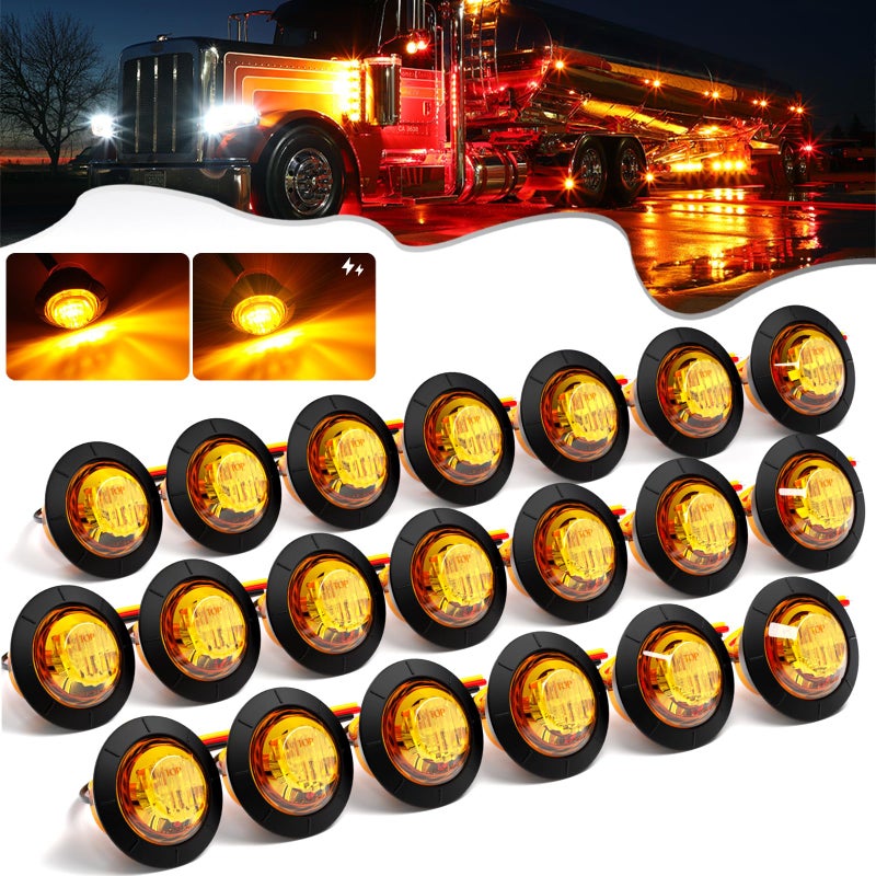 PSEQT 20Pcs 3/4" Strobe Flash+Steady Marker Lights Dual Function Amber LED Trailer Side Clearance Tail Round Lights 12V Turn Signal Warning Waterproof Lamps for Trailer Truck Bus ATV UTV Van RV - Image 1