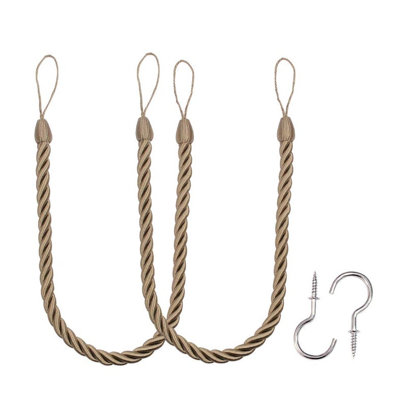 BEL AVENIR Curtain Handmade Tiebacks Ropes, Holdbacks with 2 Metal Screw Hooks - Flaxen 2 Pack Flaxen