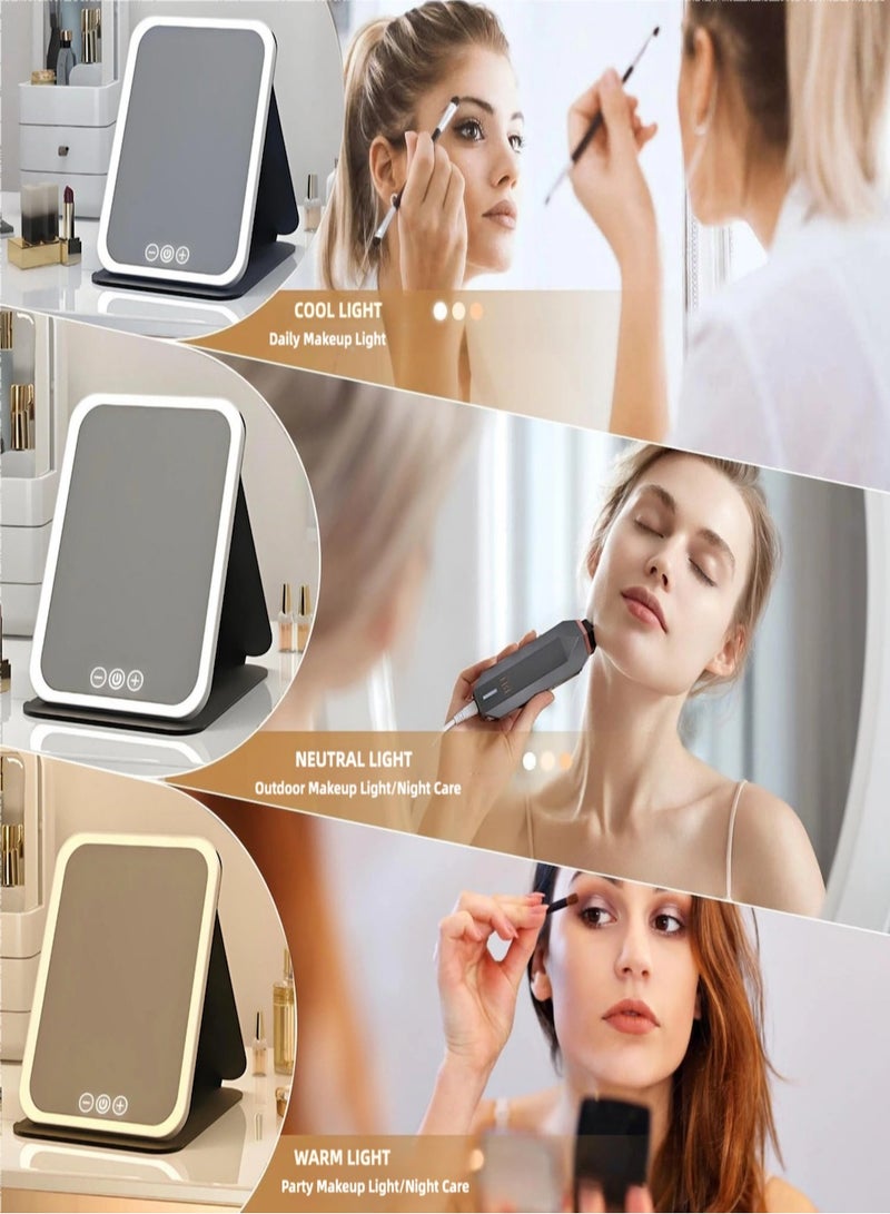 ياسمينةارا مرآة مكياج LED محمولة، قابلة للطي بحجم صغير مع 3 أوضاع إضاءة وخاصية التعتيم، شحن من النوع C، مثالية لاستخدام المكياج في أي وقت وأي مناسبة، حافظة سوداء  - Image 2