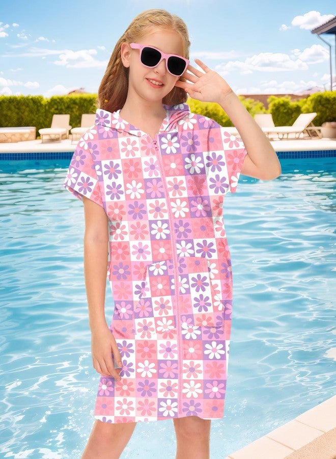 BesserBay Girl Boys Summer Hooded Short Sleeve Beach Towel Swim Terry Cloth Robe Bathing Suit Coverup Daisy Square Pink 4T - Image 3
